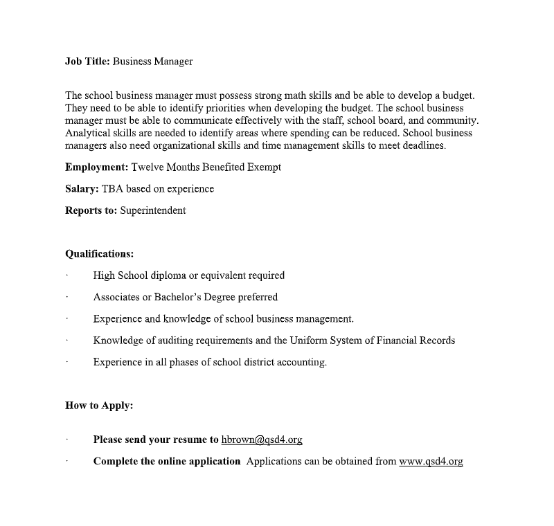 Business Manager Position