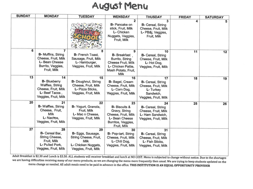 August Breakfast/Lunch Menu